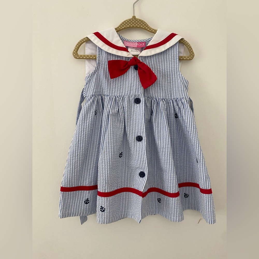 Goodlad Dress Size 12 Months Blue White Seersucker Trimmed in Red Button Front